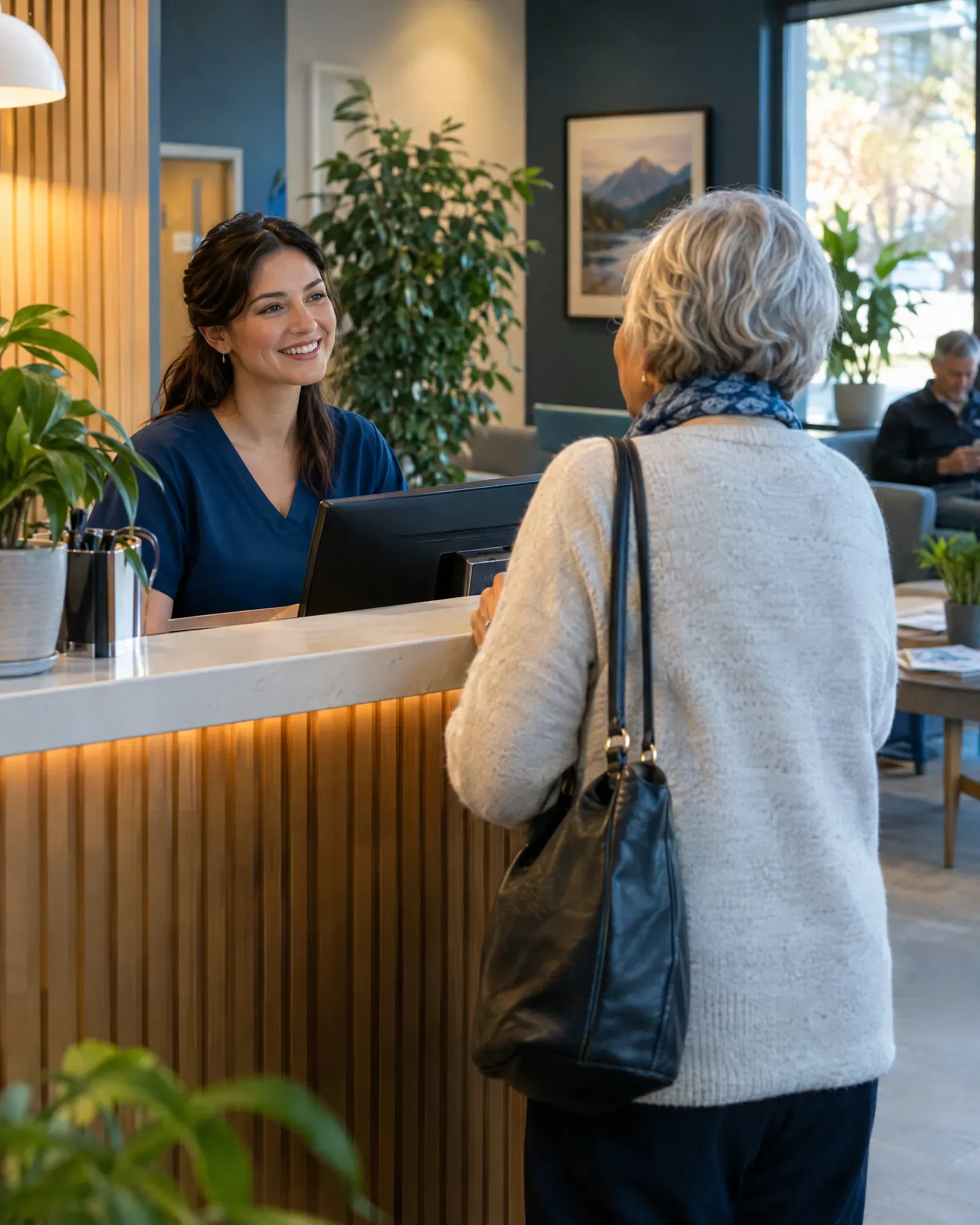 Clinic receptionist welcoming a patient