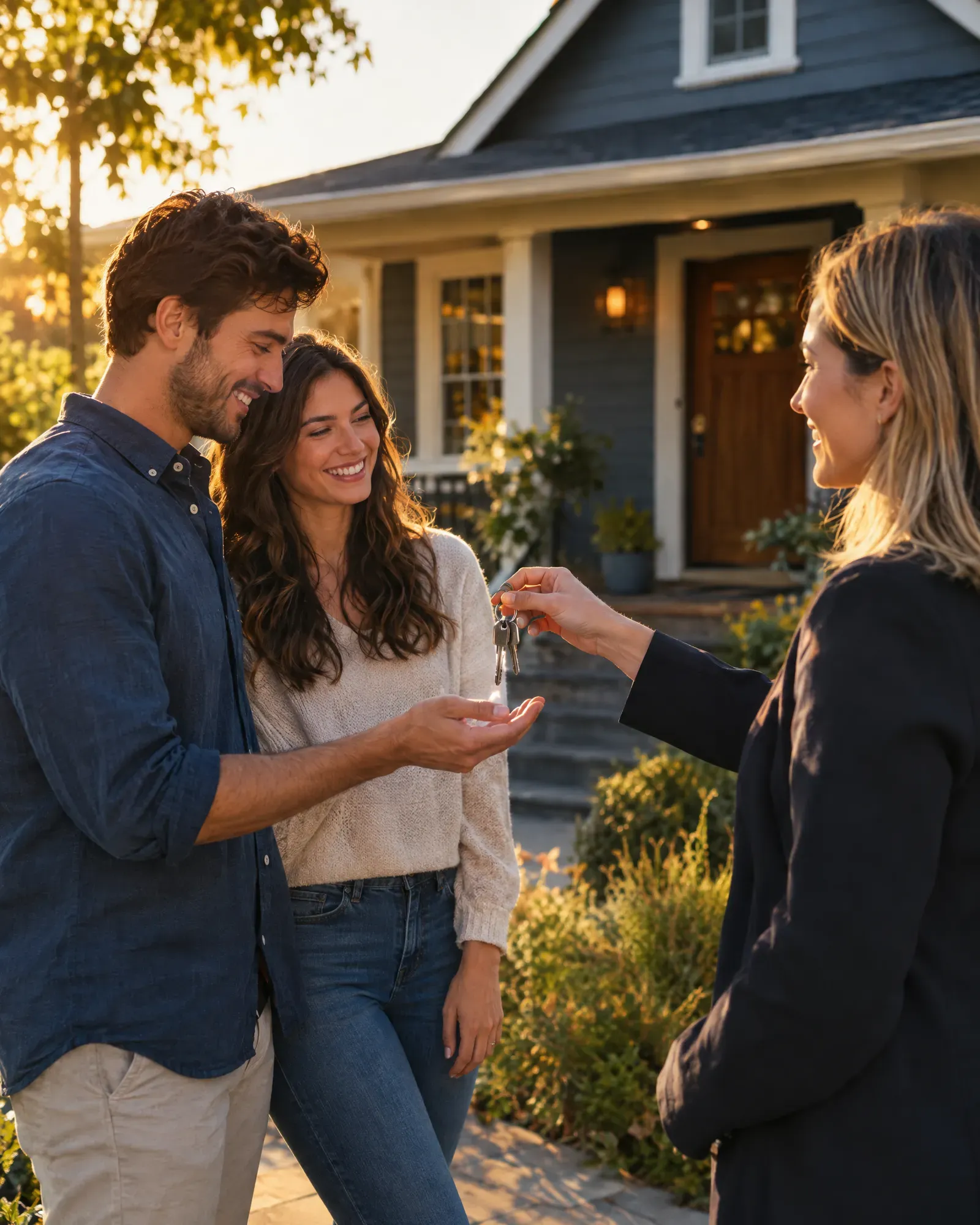 Estate agent handing keys to a happy couple