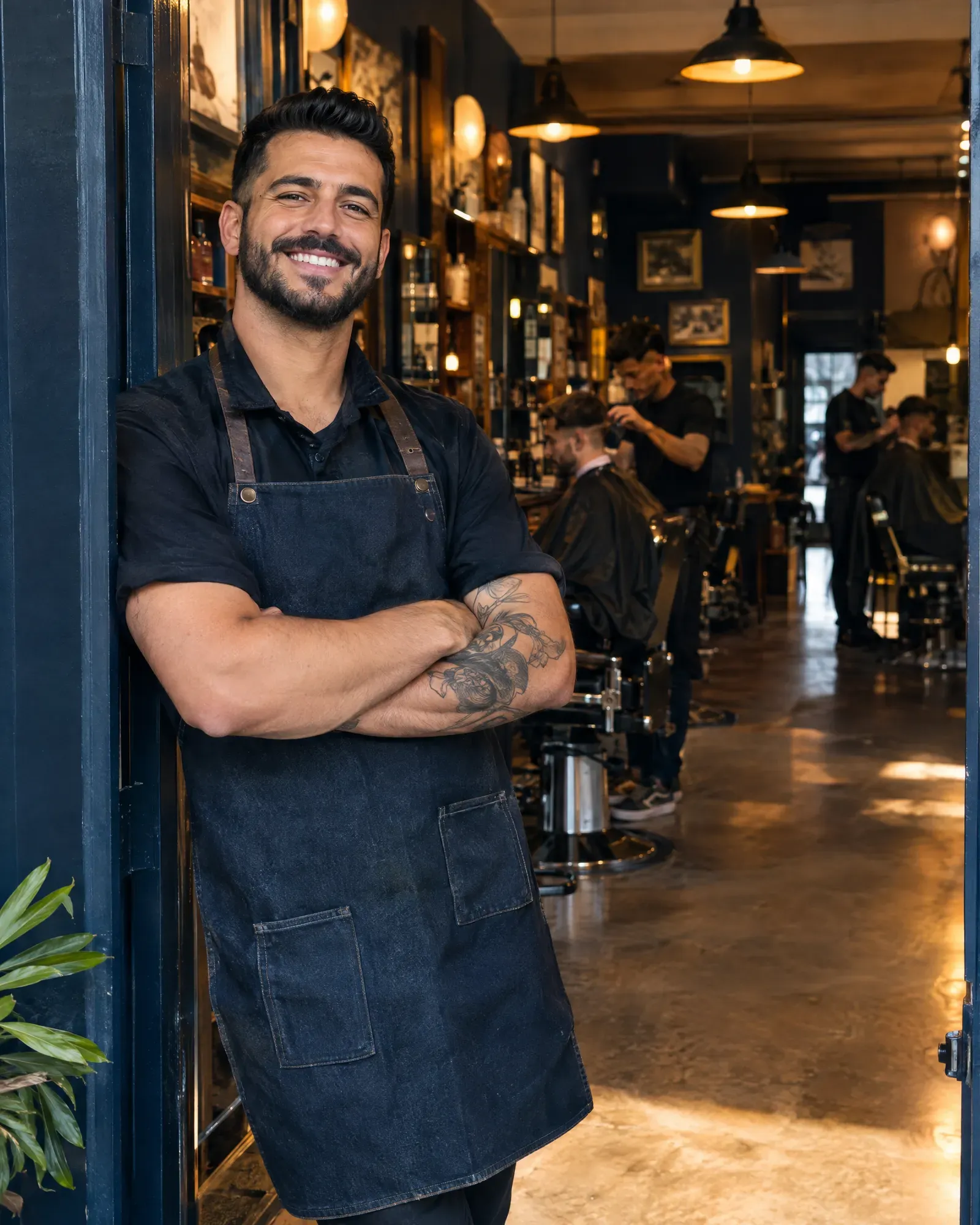 Barbershop owner proudly standing at his busy shop