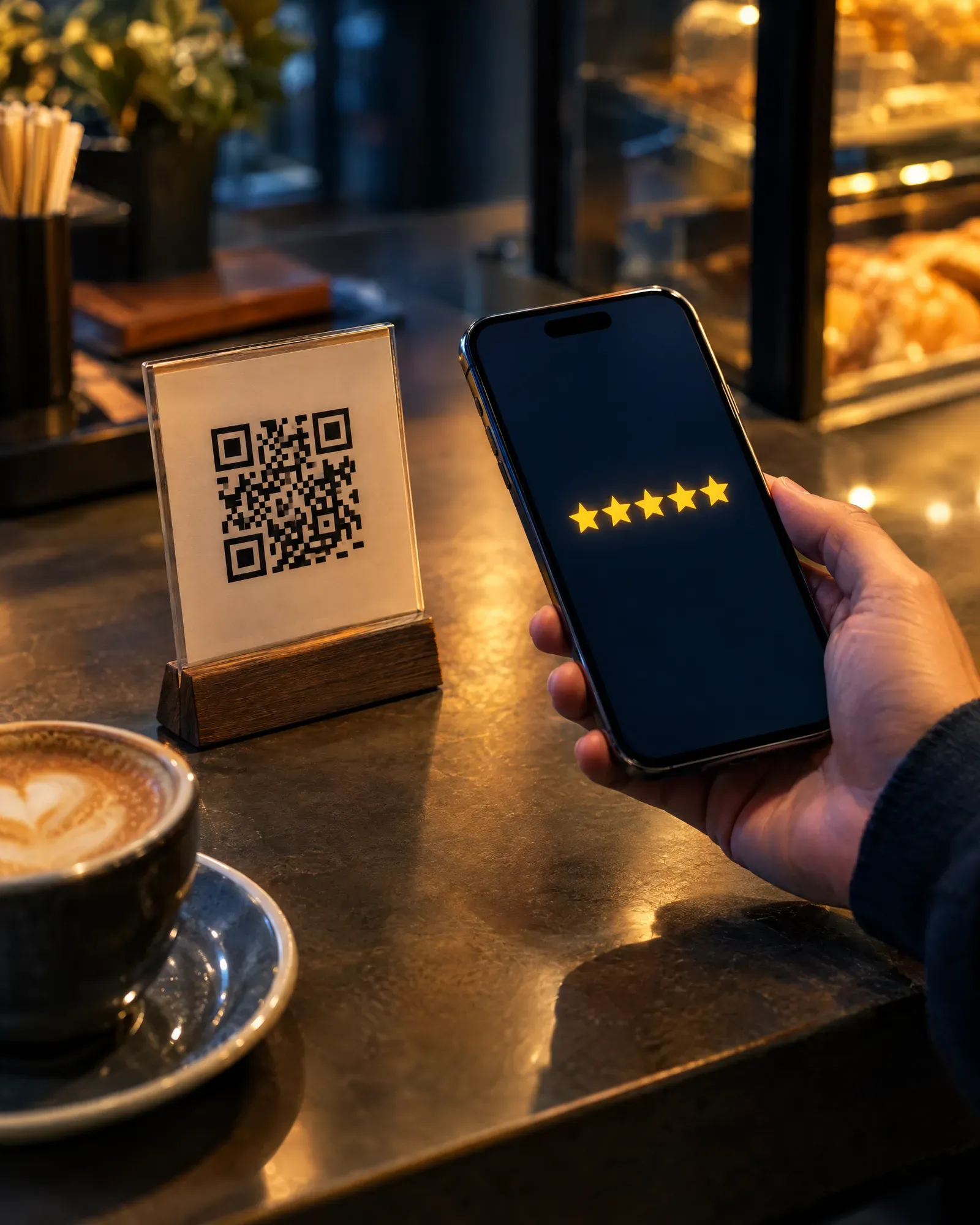 Customer scanning a review QR stand at a cafe counter