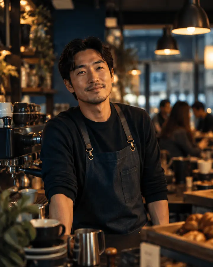 Café owner behind his counter