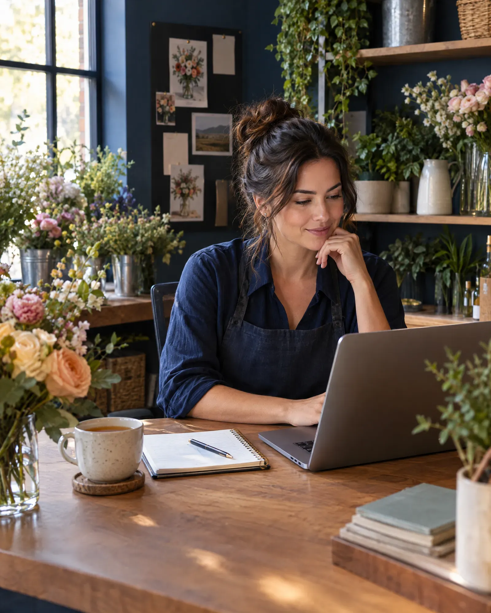 Florist reviewing a simple monthly plan on her laptop
