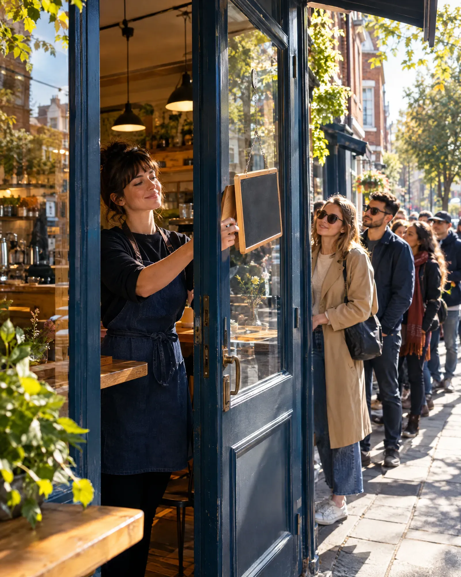 Cafe owner opening up with a queue of customers outside