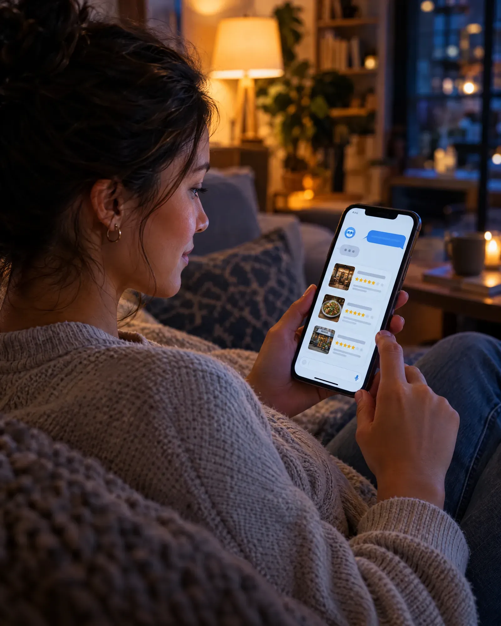 Woman asking an AI assistant on her phone for a local recommendation