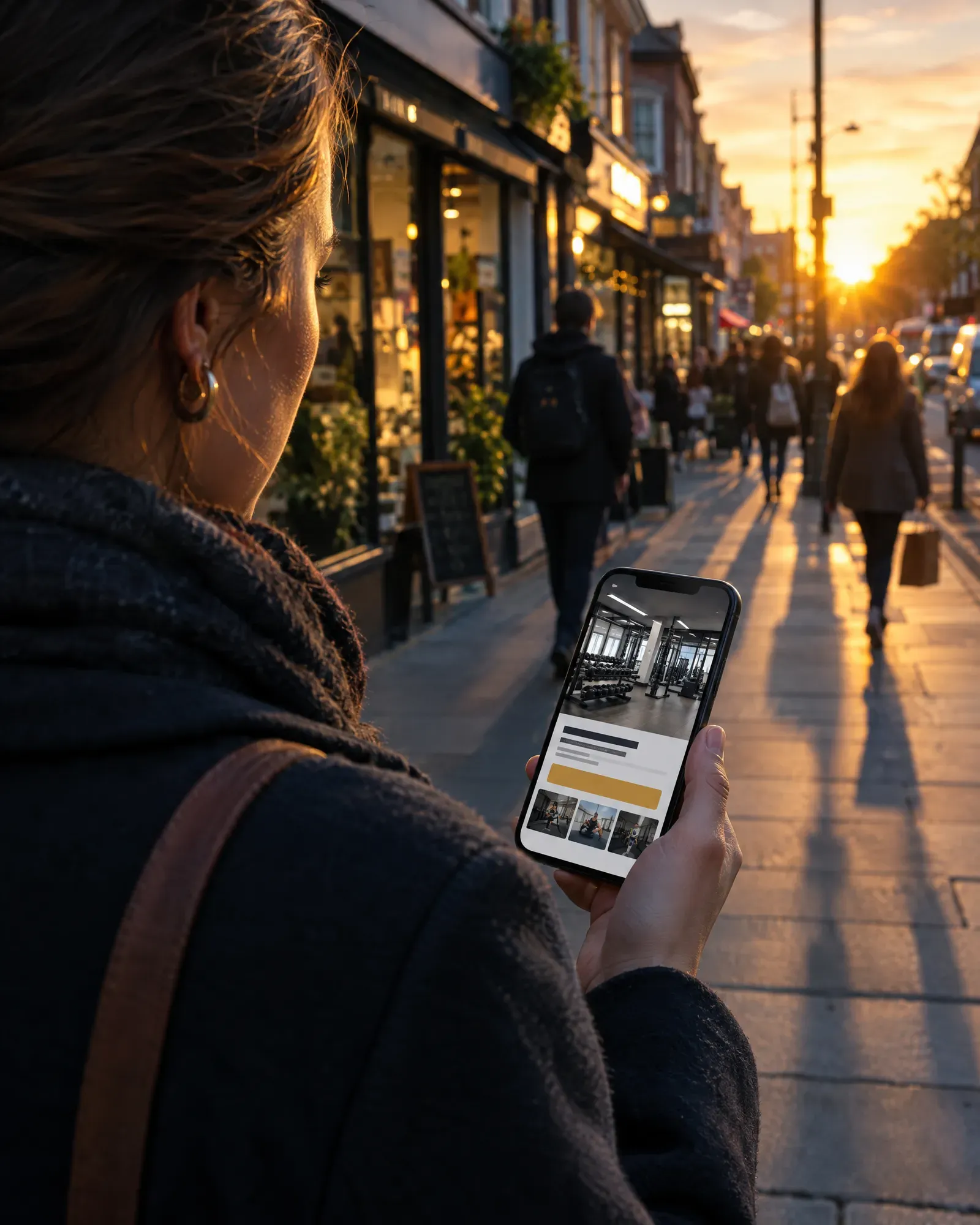 Person on a local high street seeing an ad for a nearby gym