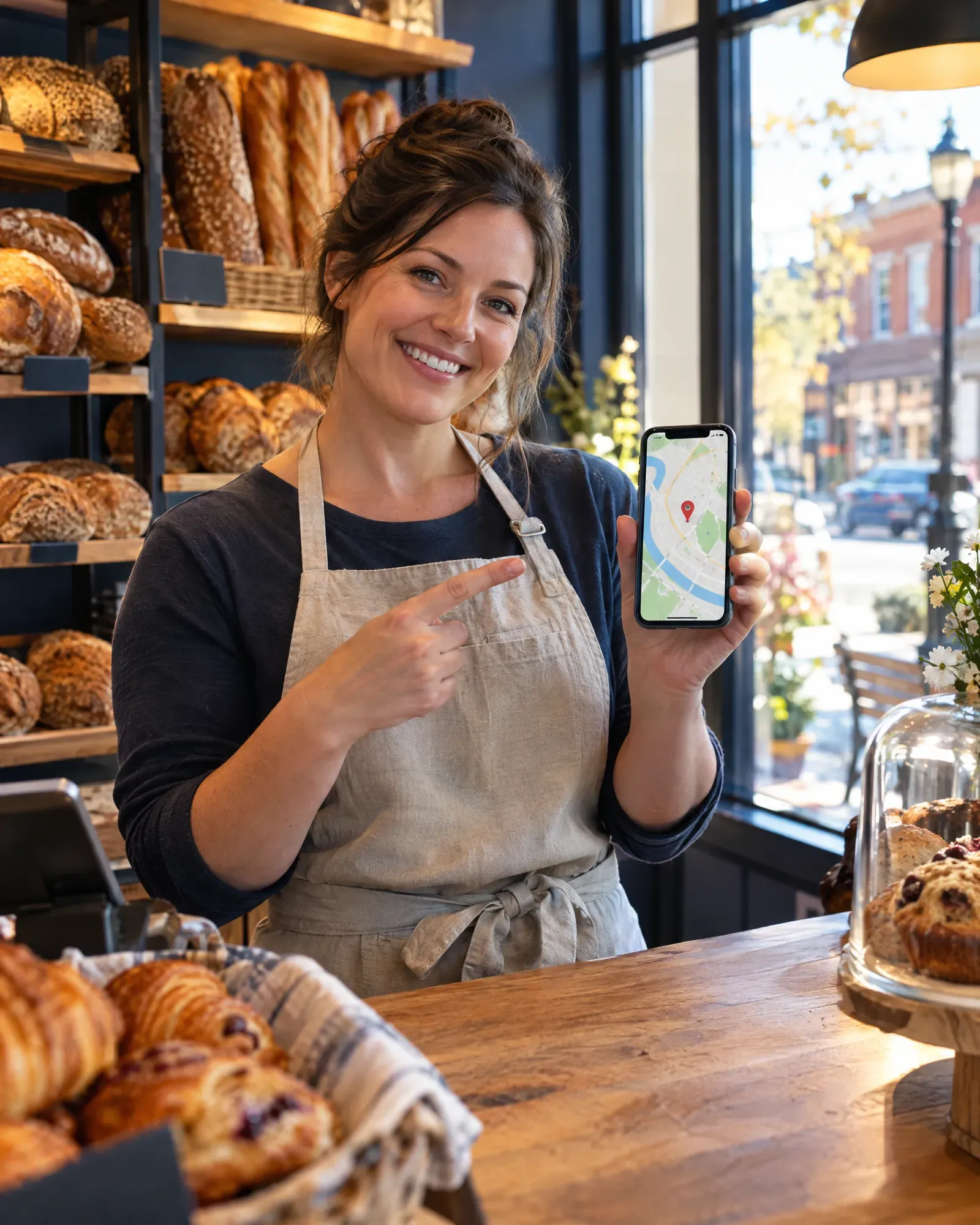 Bakery owner checking her shop's spot on the map on her phone