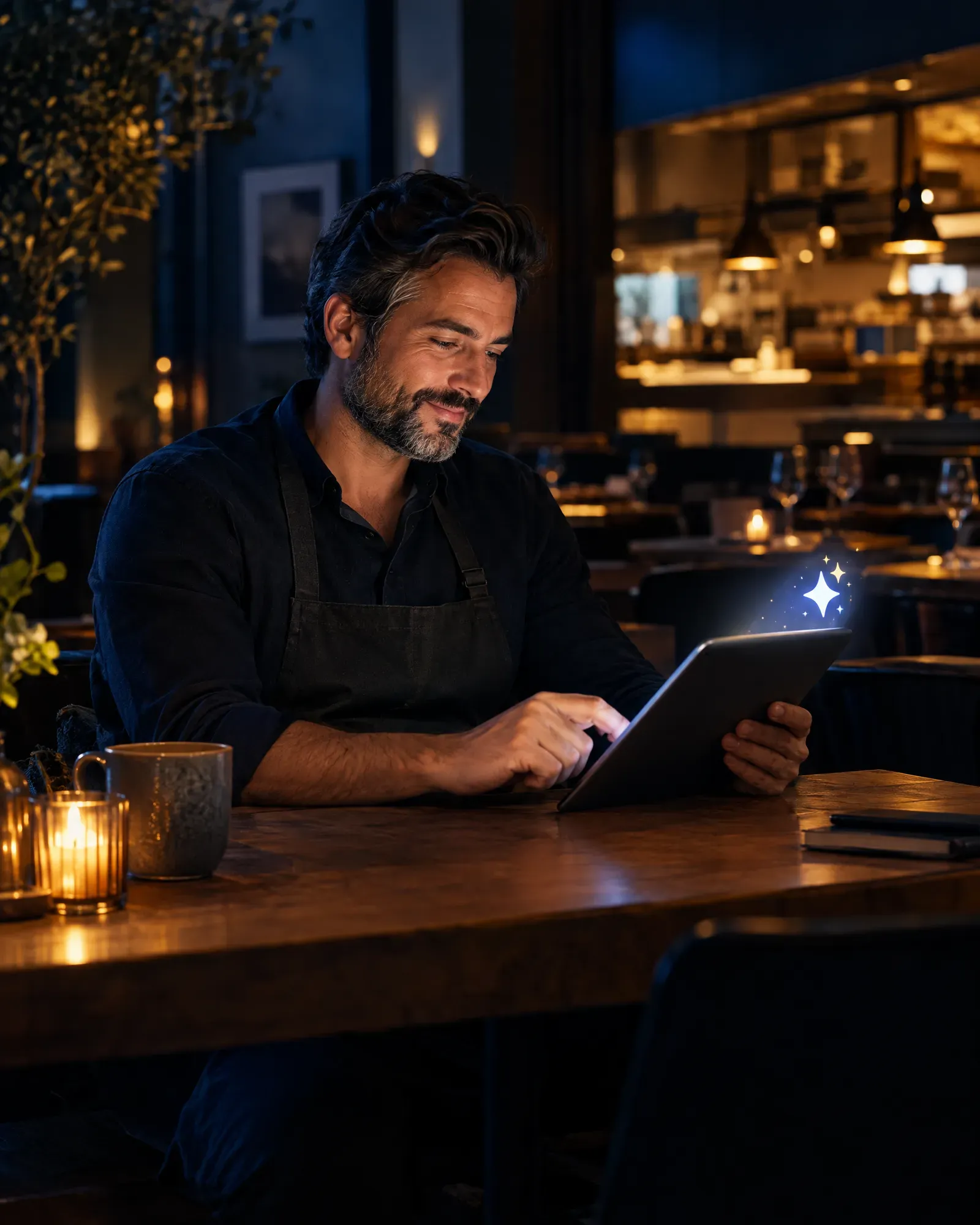 Restaurant owner approving review replies on a tablet after service