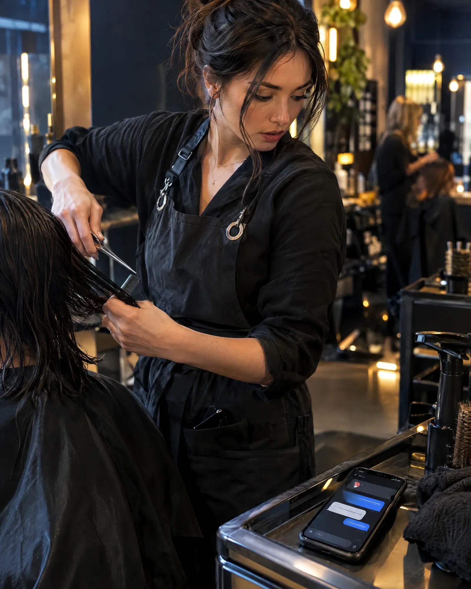 Stylist seeing a missed call answered by text while she works
