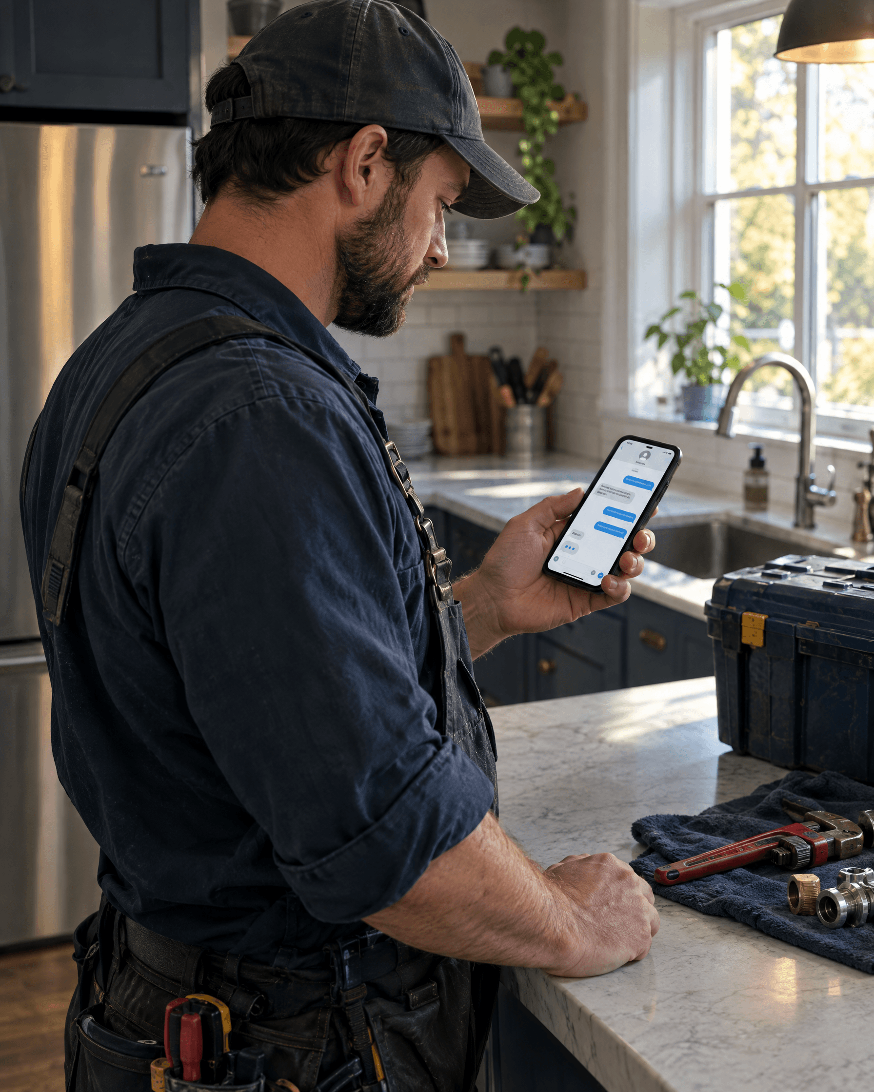 Plumber replying to a customer text between jobs