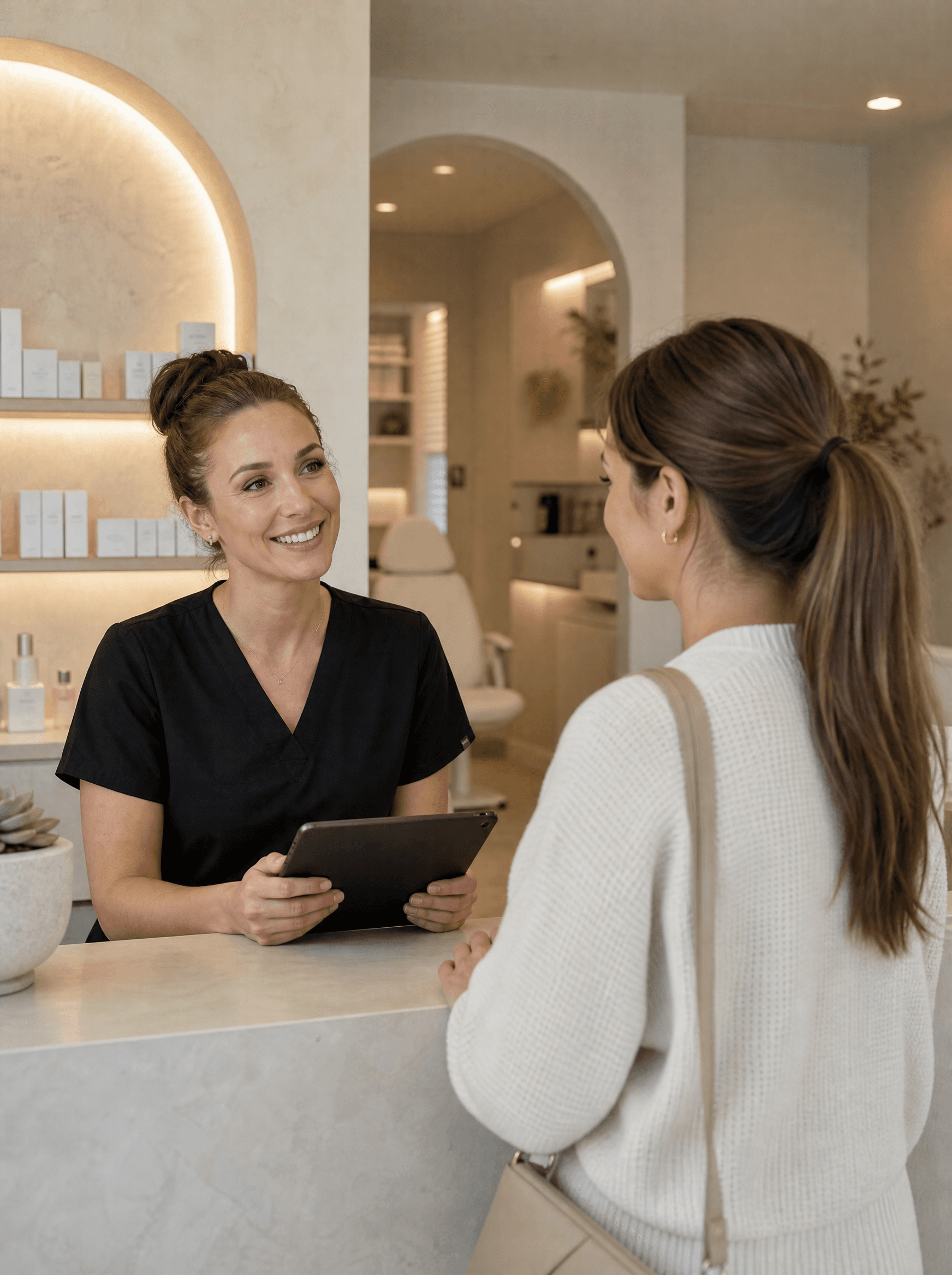 Aesthetician talking with a client at a med spa reception desk