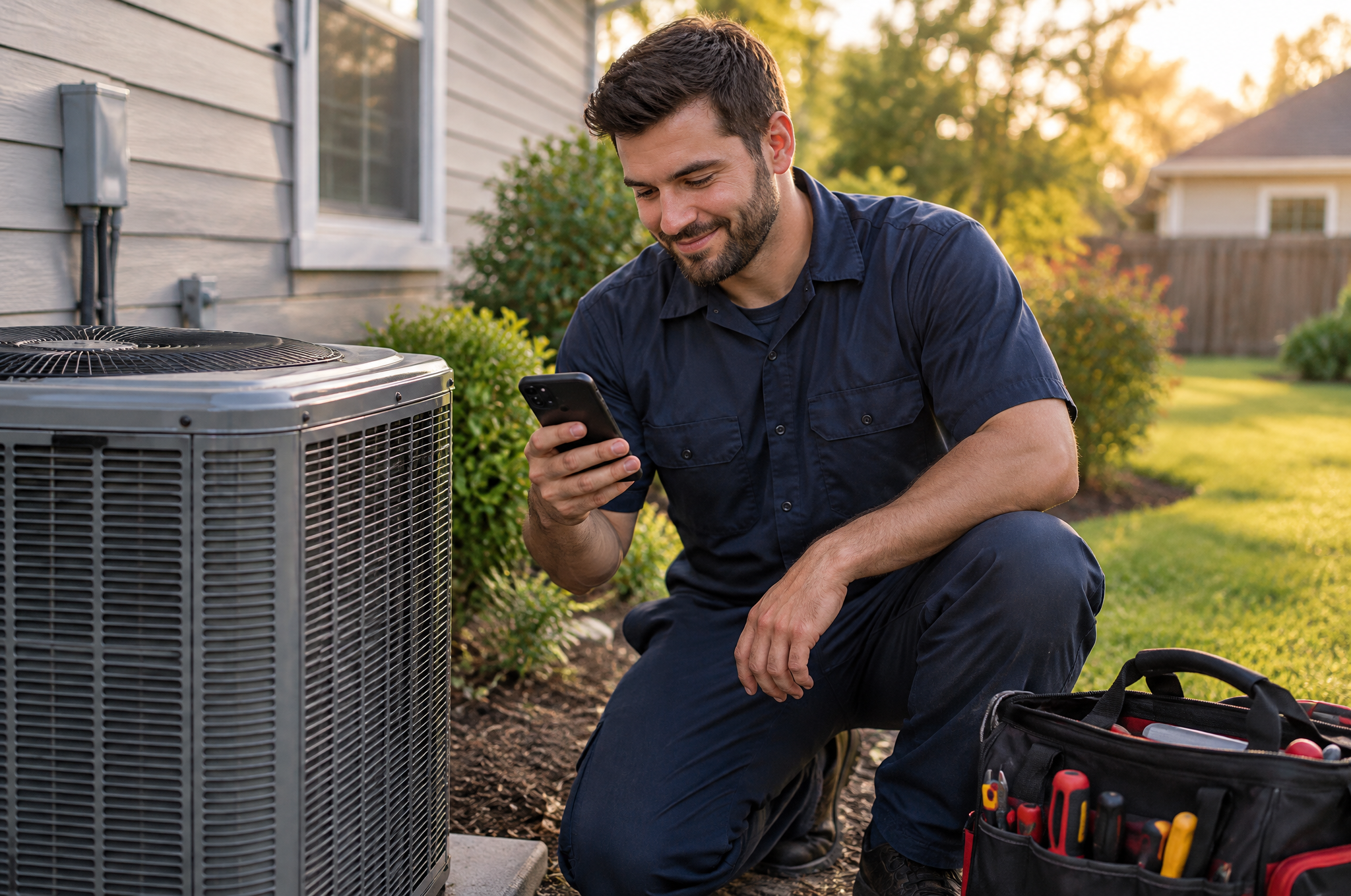 HVAC technician checking a customer text beside an outdoor AC unit