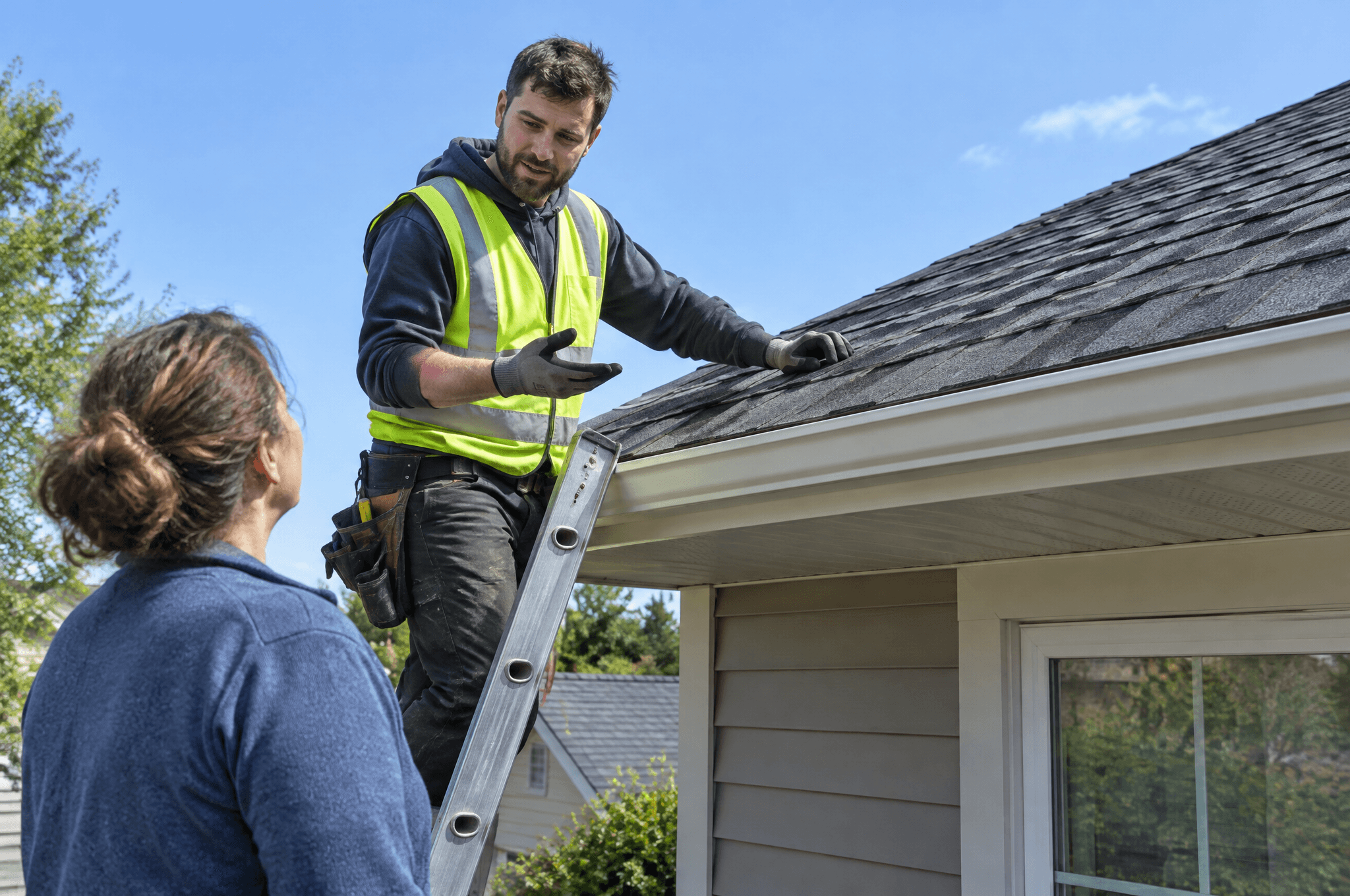 Roofer on a ladder talking with a homeowner about her new roof