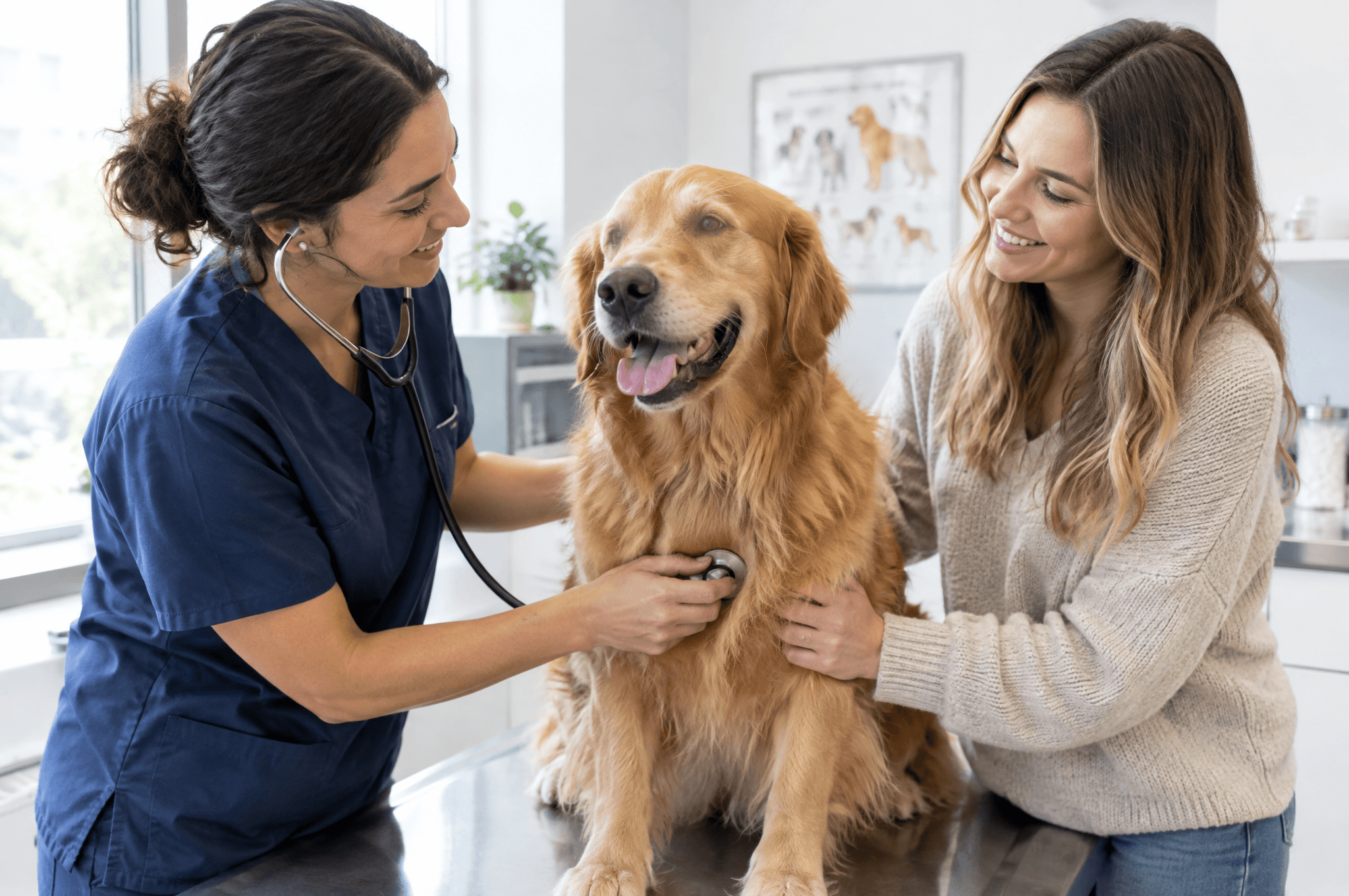 Vet examining a happy golden retriever with its owner