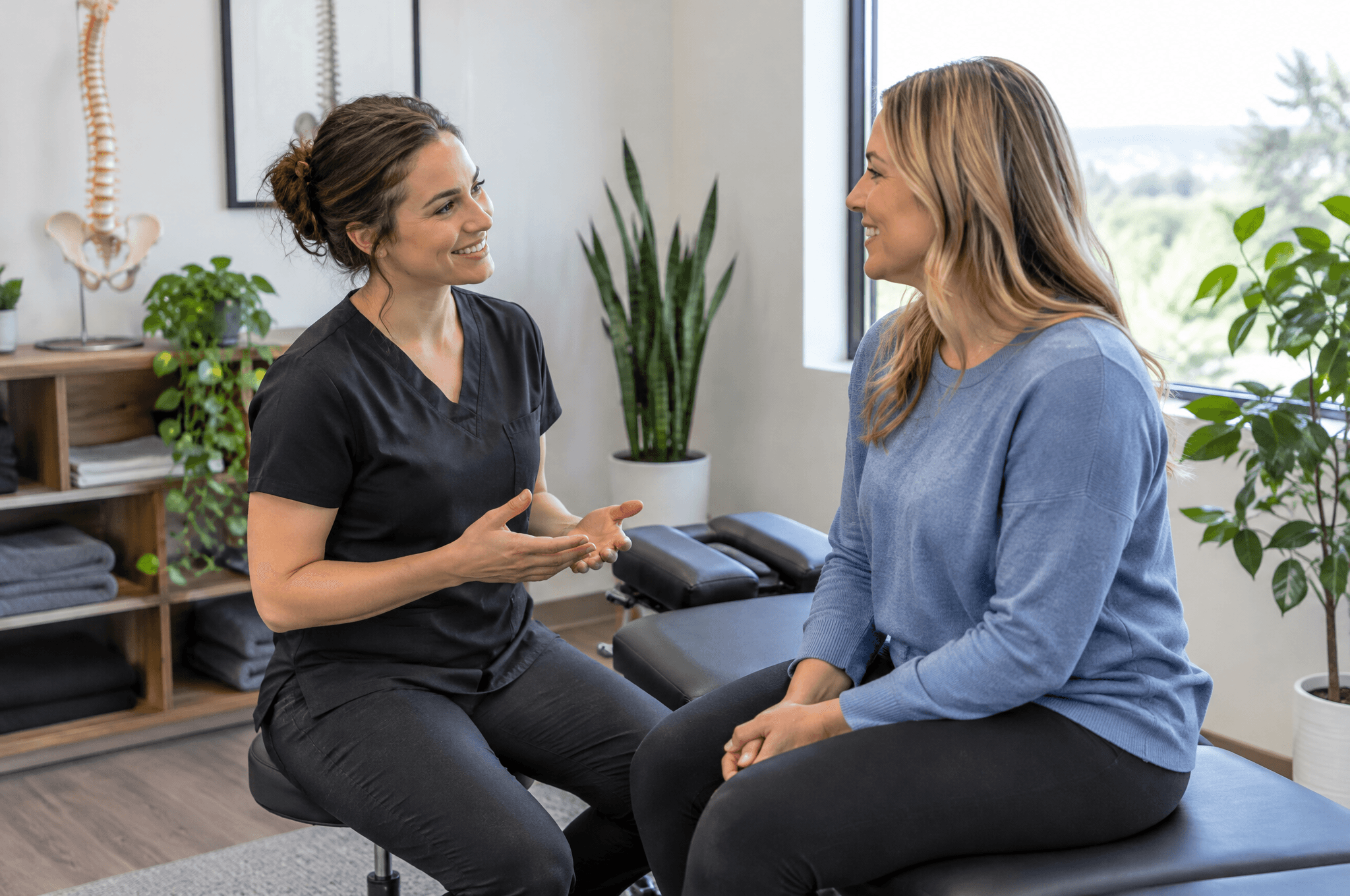 Chiropractor talking with a patient in a bright clinic
